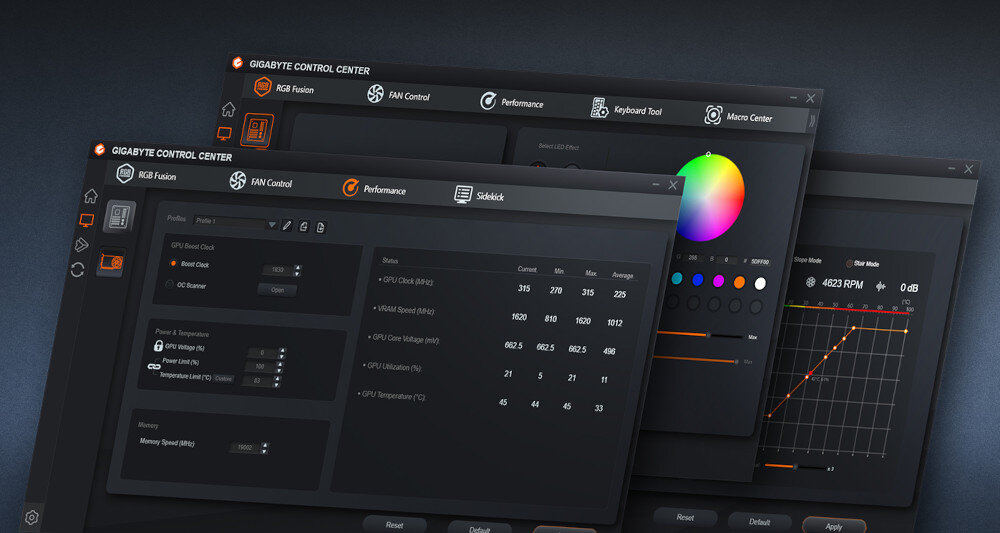 Na obrazie widoczne są trzy okna aplikacji GIGABYTE Control Center z zakładkami takimi jak RGB Fusion, FAN Control i Performance. W jednym z okien znajduje się wykres oraz ustawienia dotyczące prędkości wentylatora i napięcia GPU.