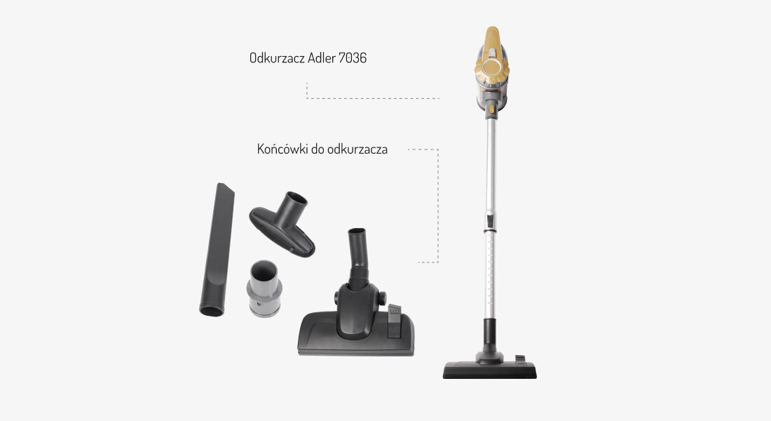 Obraz przedstawia odkurzacz pionowy Adler 7036 oraz zestaw końcówek do odkurzacza. Widoczne są różne akcesoria, w tym szczotki i rury.