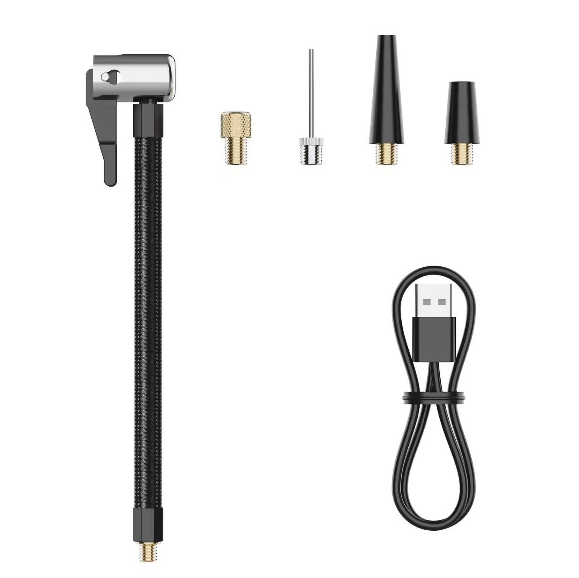 Na obrazie widoczny jest zestaw akcesoriów, w tym wąż z metalowym złączem, różne końcówki oraz czarny kabel USB. Elementy są ułożone na białym tle.