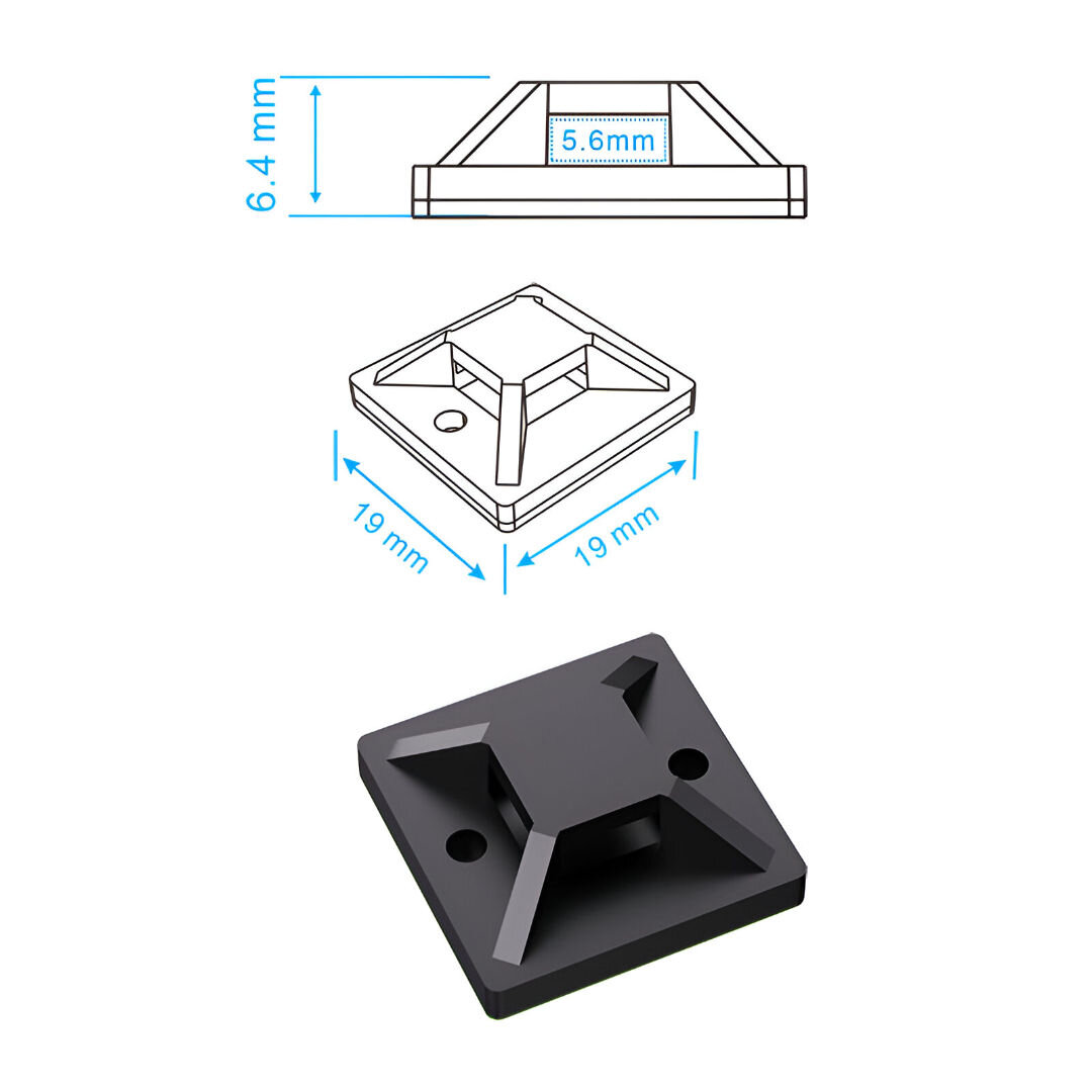 Obraz przedstawia czarny, kwadratowy uchwyt samoprzylepny z otworami, o wymiarach 19 mm x 19 mm i wysokości 6,4 mm. Na górze znajduje się schematyczny rysunek z wymiarami 5,6 mm i 19 mm x 19 mm.