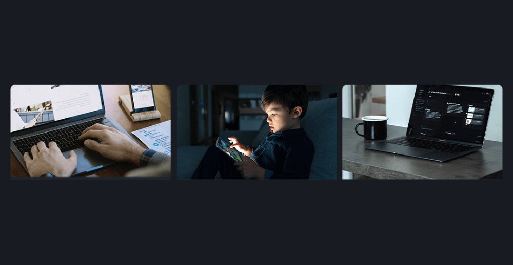 Trzy zdjęcia przedstawiające różne sceny: osoba pracująca na laptopie z dokumentami i telefonem obok, dziecko korzystające z tabletu w ciemnym pomieszczeniu oraz laptop na stole z kubkiem obok, wyświetlający ciemny interfejs.