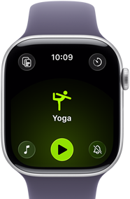 Zegarek z wyświetlaczem pokazującym ikonę jogi i tekst \'Yoga\'. Widoczna jest godzina 10:09 oraz ikony funkcji wokół ekranu.