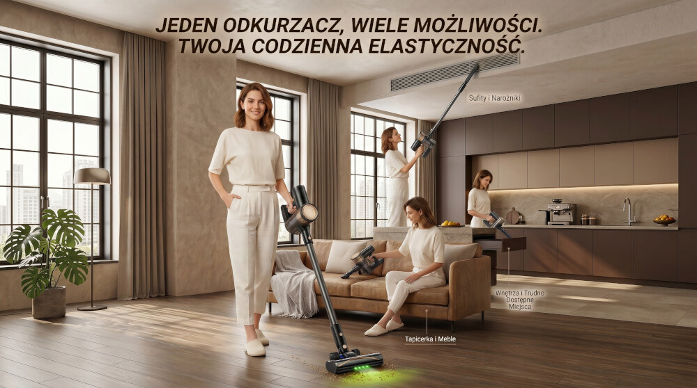 Na obrazie widoczna jest kobieta używająca odkurzacza w nowoczesnym salonie z dużymi oknami. Tekst na obrazie brzmi: \'Jeden odkurzacz, wiele możliwości. Twoja codzienna elastyczność.\'