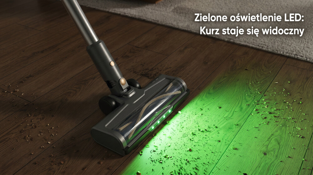 Odkurzacz z zielonym oświetleniem LED na drewnianej podłodze, które uwidacznia kurz. Tekst na obrazie: \'Zielone oświetlenie LED: Kurz staje się widoczny\'.