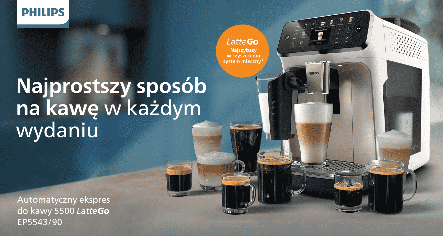 Na obrazie widoczny jest ekspres do kawy z logo PHILIPS, otoczony różnymi filiżankami z kawą. Tekst na obrazie: \'Najprostszy sposób na kawę w każdym wydaniu\', \'Automatyczny ekspres do kawy 5500 LatteGo EP5543/90\', \'LatteGo Najszybszy w czyszczeniu system mleczny\'.