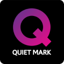 Ikona z dużą literą \'Q\' w kolorze fioletowym na czarnym tle. Pod literą znajduje się biały napis \'QUIET MARK\'.