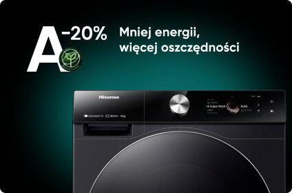 Na obrazie widoczna jest pralka marki Hisense z panelem sterowania i dużym pokrętłem. Obok znajduje się napis: \'A-20% Mniej energii, więcej oszczędności\'.