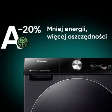 Na obrazie widoczna jest pralka marki Hisense z napisem \'A-20% Mniej energii, więcej oszczędności\'. Pralka ma czarny panel z pokrętłem i wyświetlaczem, a obok znajduje się logo Hisense.
