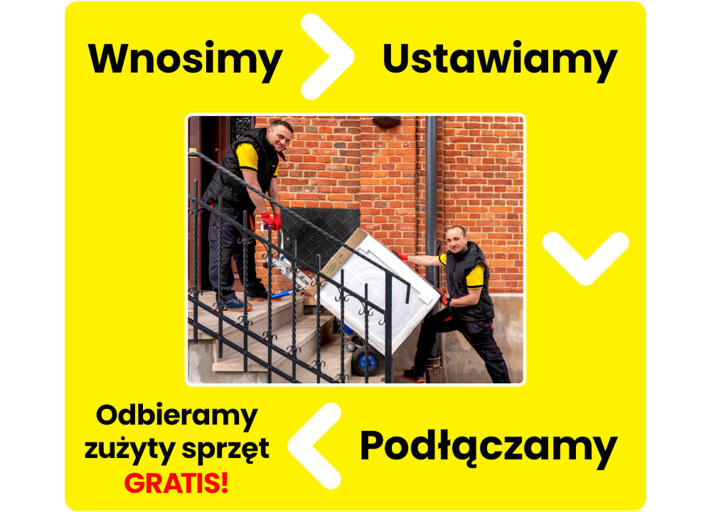 Dwóch mężczyzn wnosi pralkę po schodach przy ceglanej ścianie. Na żółtym tle widnieją napisy: \'Wnosimy\', \'Ustawiamy\', \'Podłączamy\', \'Odbieramy zużyty sprzęt GRATIS!\'.