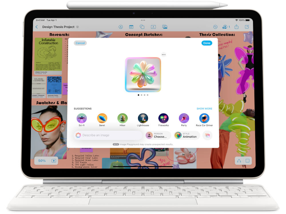 Tablet z klawiaturą wyświetla aplikację z kolorowym kwiatowym symbolem na ekranie. W tle widoczne są różnorodne grafiki i teksty, a na górze ekranu znajduje się pasek z ikonami aplikacji.