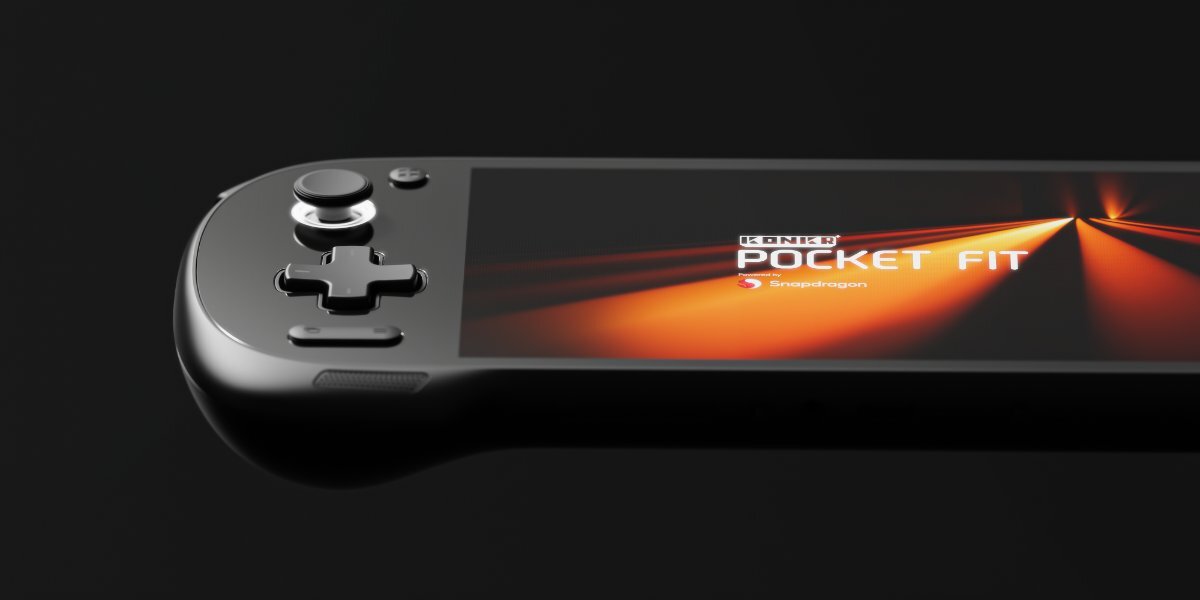 Czarna konsola do gier z wyświetlaczem, na którym widoczny jest napis \'POCKET FIT\' oraz logo Snapdragon. Konsola posiada przyciski sterujące po jednej stronie.