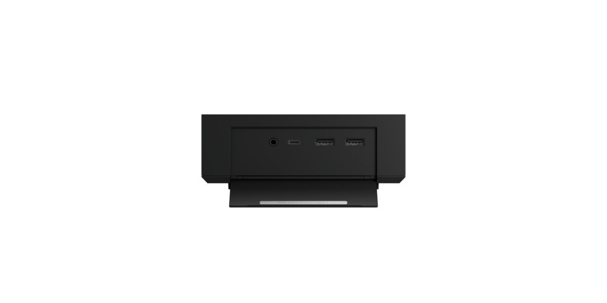 Czarny panel z trzema portami: okrągłym, USB-C i dwoma USB-A, umieszczony na tle białej przestrzeni.
