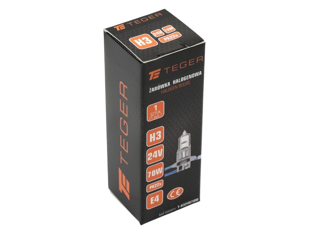 Opakowanie żarówki halogenowej marki TEGER z oznaczeniami H3, 24V, 70W, PK22s. Widoczny jest również napis \'ŻARÓWKA HALOGENOWA\' oraz logo CE.