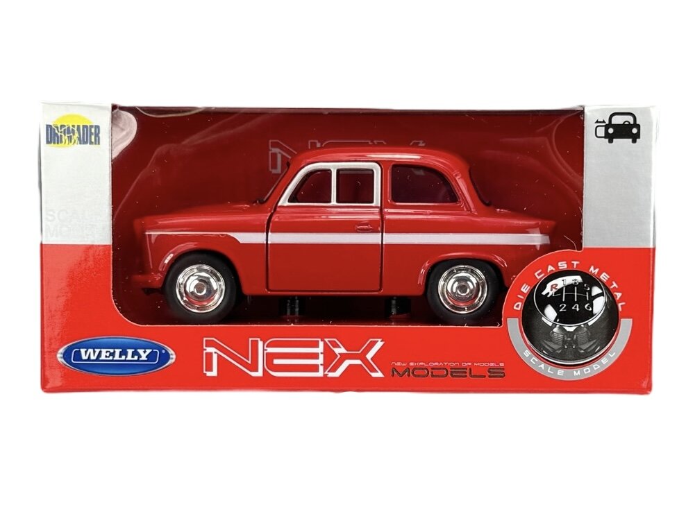 Model samochodu w kolorze czerwonym znajduje się w opakowaniu z napisem \'Welly NEX Models\'. Na opakowaniu widoczne są również napisy \'Die Cast Metal\' oraz logo \'Welly\'.