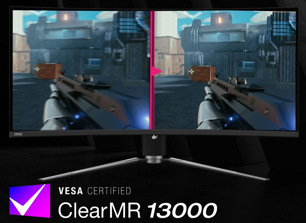 Monitor wyświetla grę wideo z widokiem na broń i budynki, podzielony na dwie części z różną jakością obrazu. Na dole widnieje napis \'VESA CERTIFIED ClearMR 13000\'.