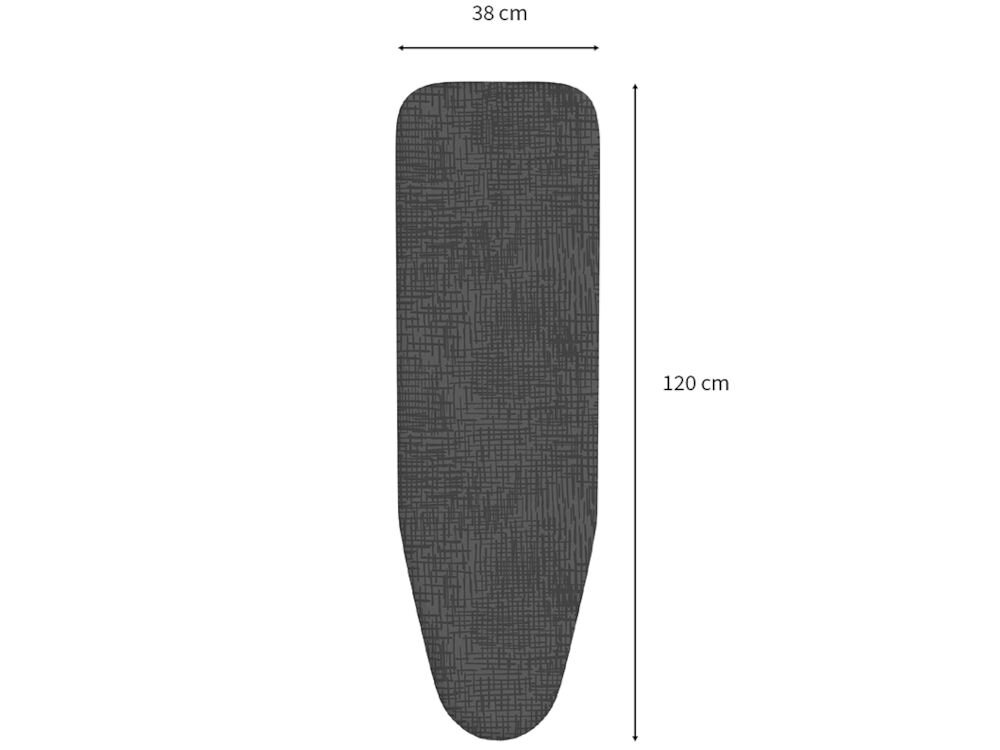 Obraz przedstawia deskę do prasowania w kolorze szarym z wzorem, o wymiarach 120 cm na 38 cm. Widoczne są linie pomiarowe wskazujące długość i szerokość deski.