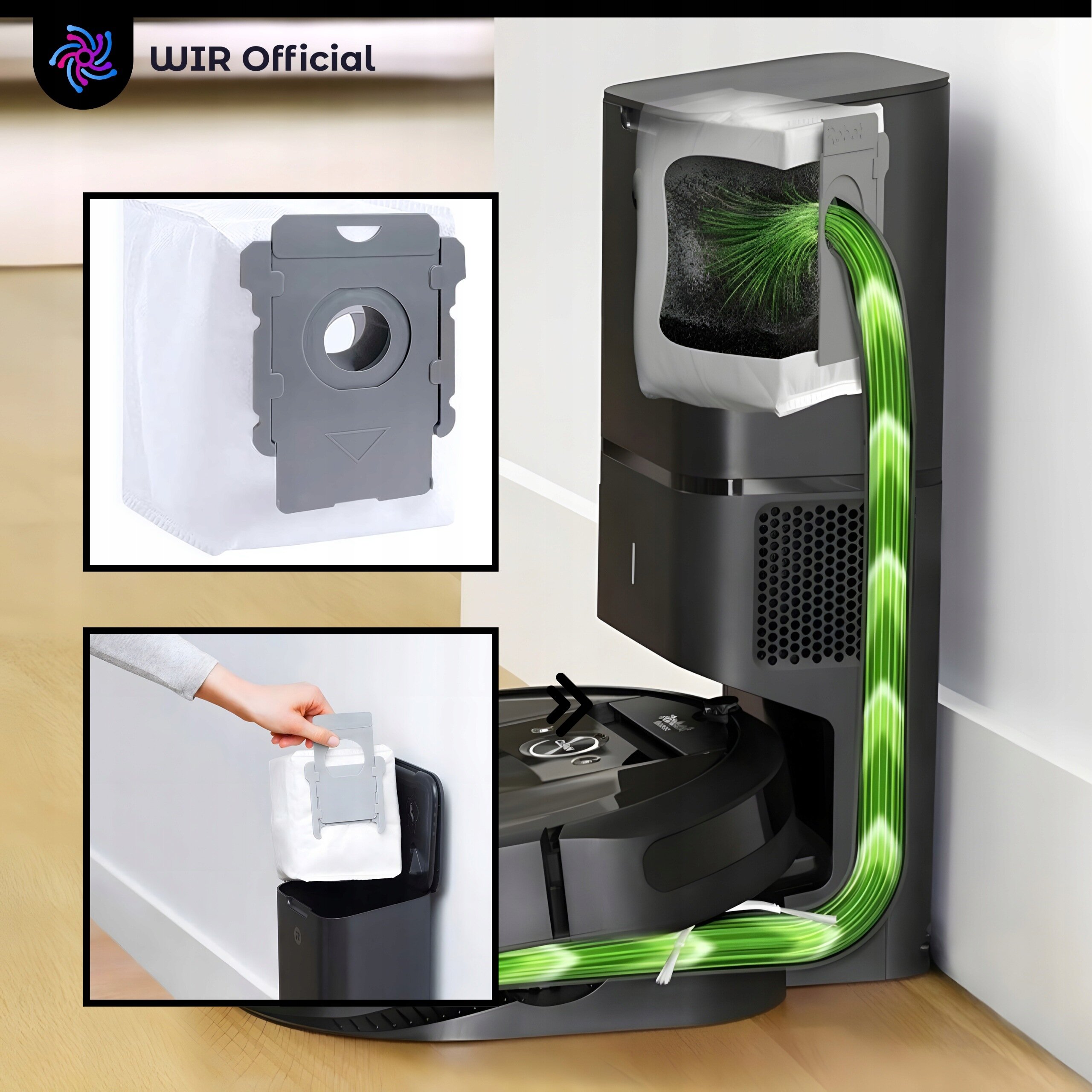 Obraz przedstawia zestaw worków do odkurzaczy iRobot Roomba, pokazany w trzech ujęciach: zbliżenie na pojedynczy worek, proces instalacji worka oraz działanie odkurzacza z workiem. W lewym górnym rogu widoczne jest logo \'WIR Official\'.