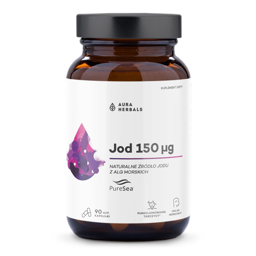 Szklana butelka z etykietą zawierającą tekst: \'AURA HERBALS Jod 150 µg NATURALNE ŹRÓDŁO JODU Z ALG MORSKICH PureSea\'. Na dole etykiety znajdują się ikony z napisami: \'90 SZT. KAPSUŁKI\', \'FUNKCJONOWANIE TARCZYCY\', \'UKŁAD NERWOWY\'.