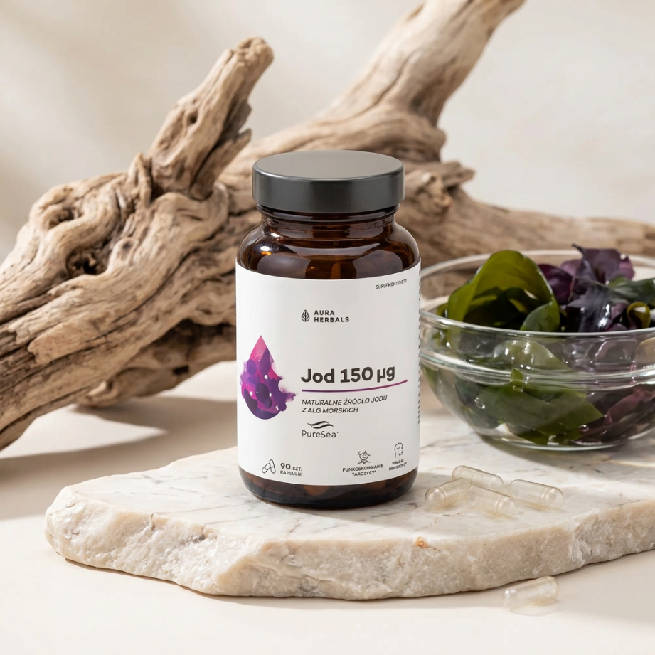 Na obrazie znajduje się brązowa butelka z etykietą \'Aura Herbals Jod 150 µg\', stojąca na jasnym kamieniu obok miski z algami. W tle widoczne są kawałki drewna, a na kamieniu leżą przezroczyste kapsułki.