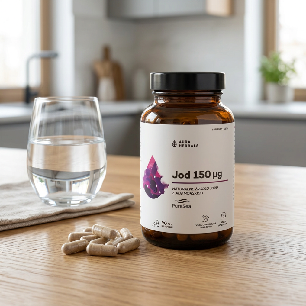 Na drewnianym stole stoi szklany słoik z etykietą \'Aura Herbals Jod 150 µg\', obok leży kilka kapsułek i szklanka wody. W tle widoczna jest rozmyta kuchnia.