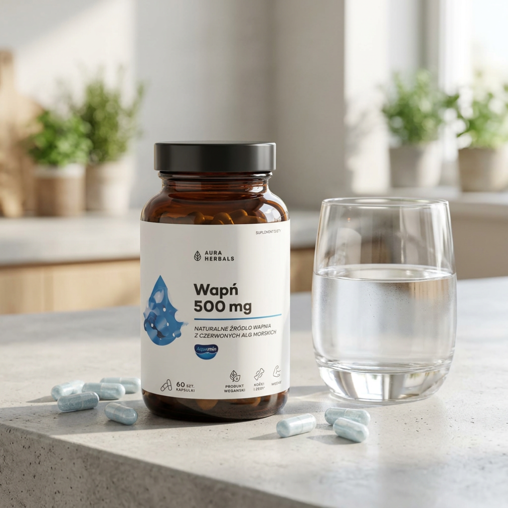 Na blacie stoi brązowa butelka z etykietą \'Aura Herbals Wapń 500 mg\', obok której znajduje się szklanka z wodą i kilka niebieskich kapsułek. W tle widoczne są rozmyte rośliny doniczkowe.