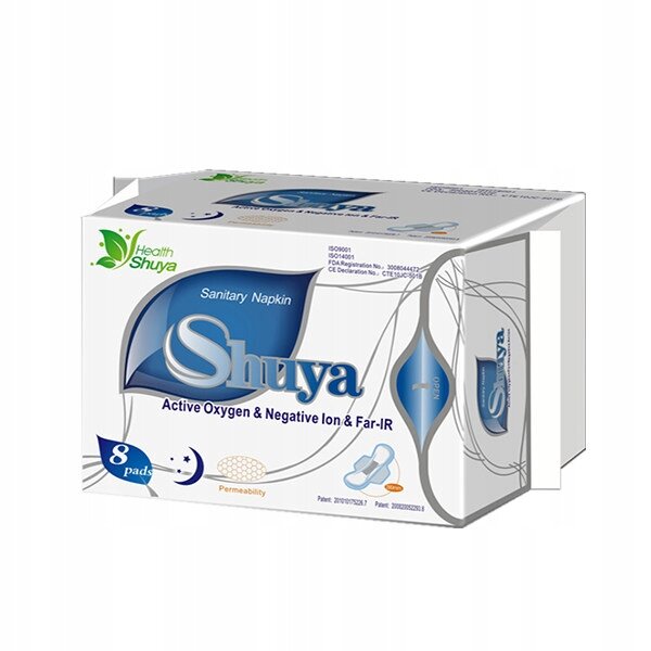 Opakowanie podpasek Shuya Health z napisem \'Sanitary Napkin Shuya Active Oxygen & Negative Ion & Far-IR\'. Zawiera 8 sztuk, widoczne są symbole księżyca i przepuszczalności oraz logo Health Shuya.