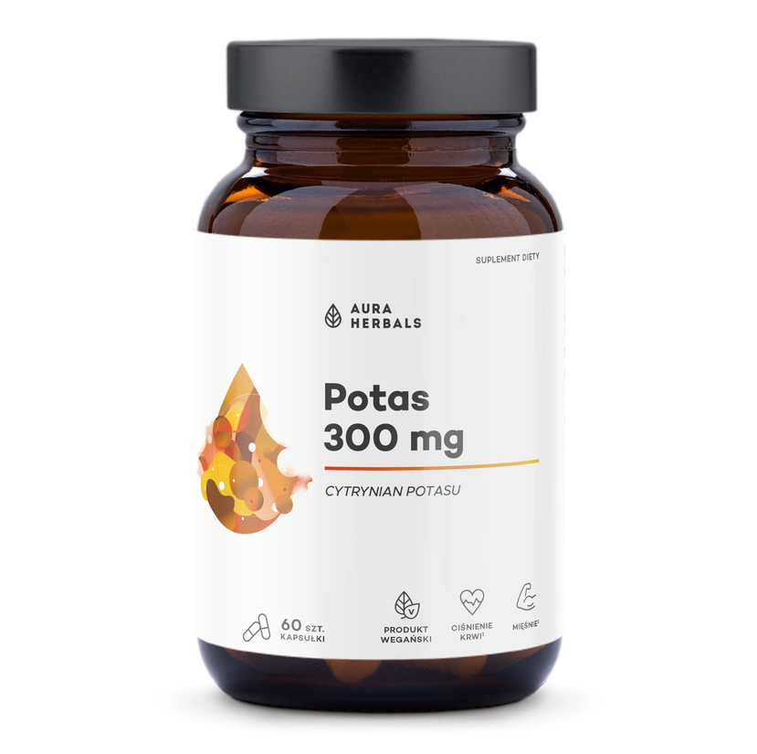 Szklana butelka z ciemnego szkła z białą etykietą, na której widnieje napis: \'AURA HERBALS Potas 300 mg CYTRYNIAN POTASU\'. Na dole etykiety znajdują się ikony z napisami: \'60 szt. kapsułki\', \'Produkt wegański\', \'Ciśnienie krwi\', \'Mięśnie\'.