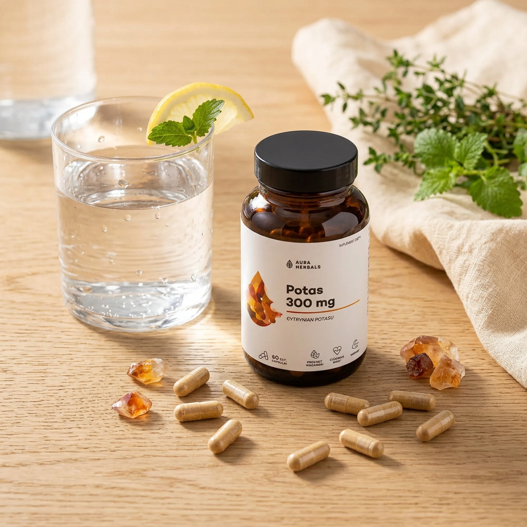 Na drewnianym stole stoi szklanka wody z plasterkiem cytryny i listkiem mięty oraz butelka z etykietą \'Aura Herbals Potas 300 mg\'. Obok leży kilka kapsułek i kawałki bursztynu, a w tle widoczna jest zielona roślina na beżowej tkaninie.
