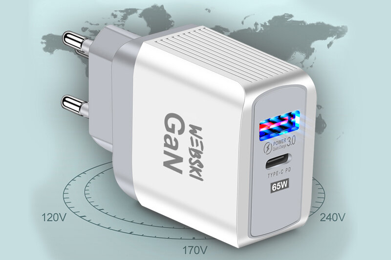 Biała ładowarka sieciowa z dwoma wtykami, oznaczona jako \'WEBSKI GaN\'. Na froncie widoczne są napisy: \'POWER 3.0 Quick Charge\', \'TYPE-C PD\', \'65W\'.