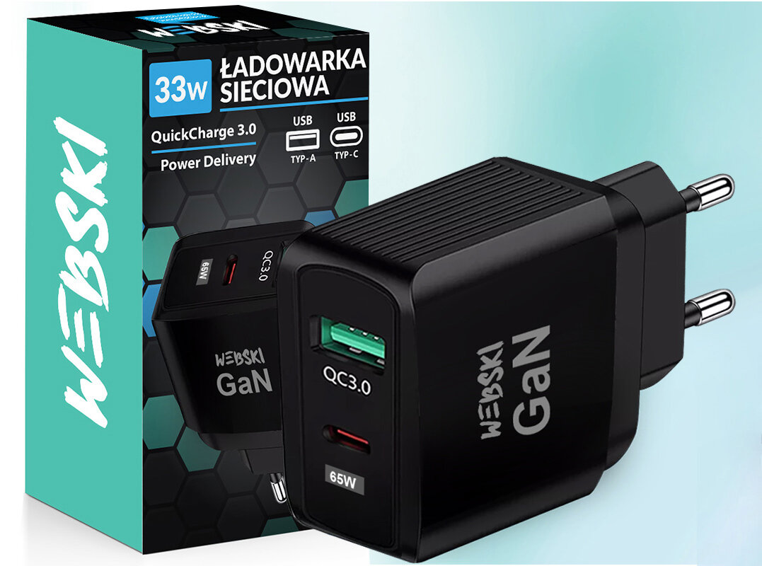 Czarna ładowarka sieciowa z dwoma portami USB, oznaczona jako \'WEBSKI GaN\', obok opakowania z napisem \'ŁADOWARKA SIECIOWA 33W QuickCharge 3.0 Power Delivery\'.