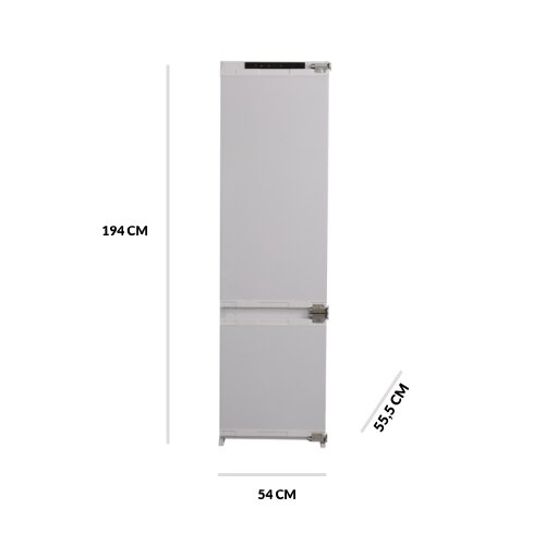 Biała lodówka o wymiarach 194 cm wysokości, 54 cm szerokości i 55,5 cm głębokości. Posiada dwie sekcje z oddzielnymi drzwiami.