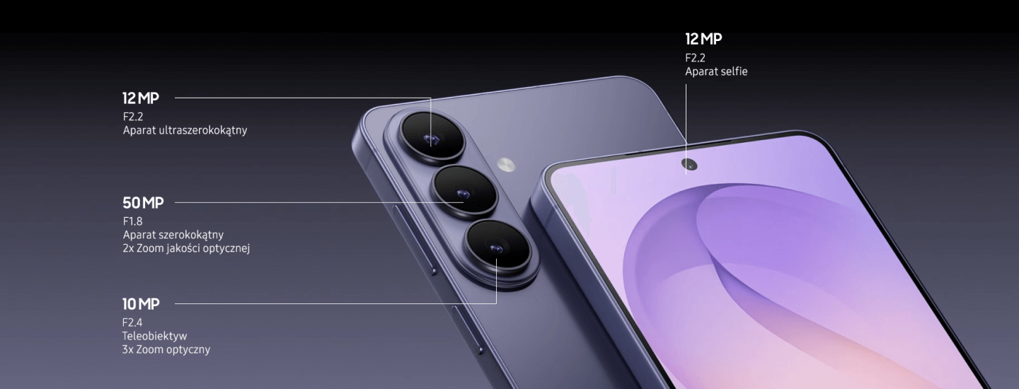 Obraz przedstawia smartfon z trzema aparatami z tyłu: 12 MP ultraszerokokątny, 50 MP szerokokątny z 2x zoomem optycznym, 10 MP teleobiektyw z 3x zoomem optycznym oraz 12 MP aparat selfie z przodu. Na ekranie widoczny jest gradientowy wzór w odcieniach fioletu.