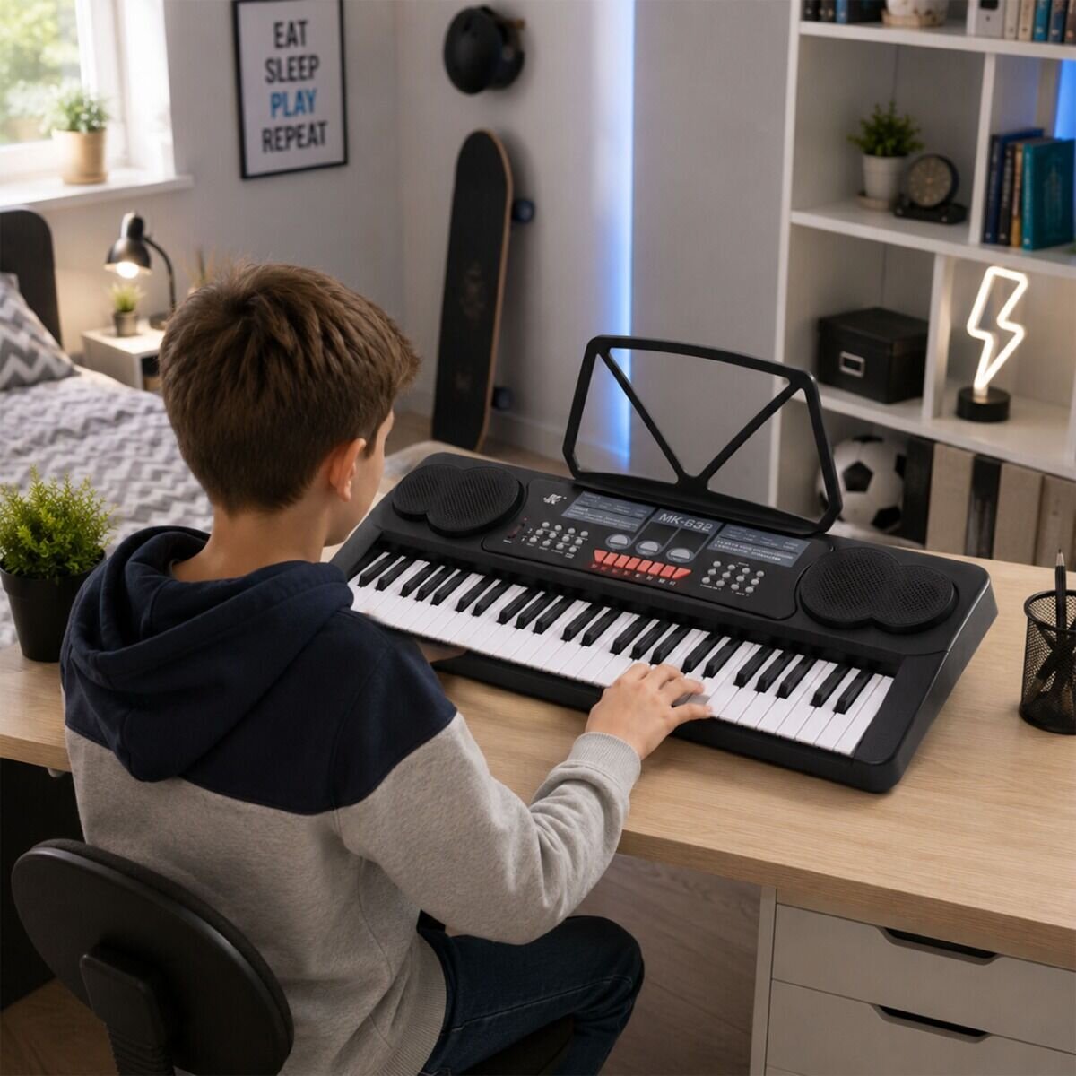 Dziecko siedzi przy biurku i gra na czarnym keyboardzie elektronicznym z 54 klawiszami, wyposażonym w pulpit do nut i mikrofon. W tle widać pokój z półkami, lampką i dekoracjami.