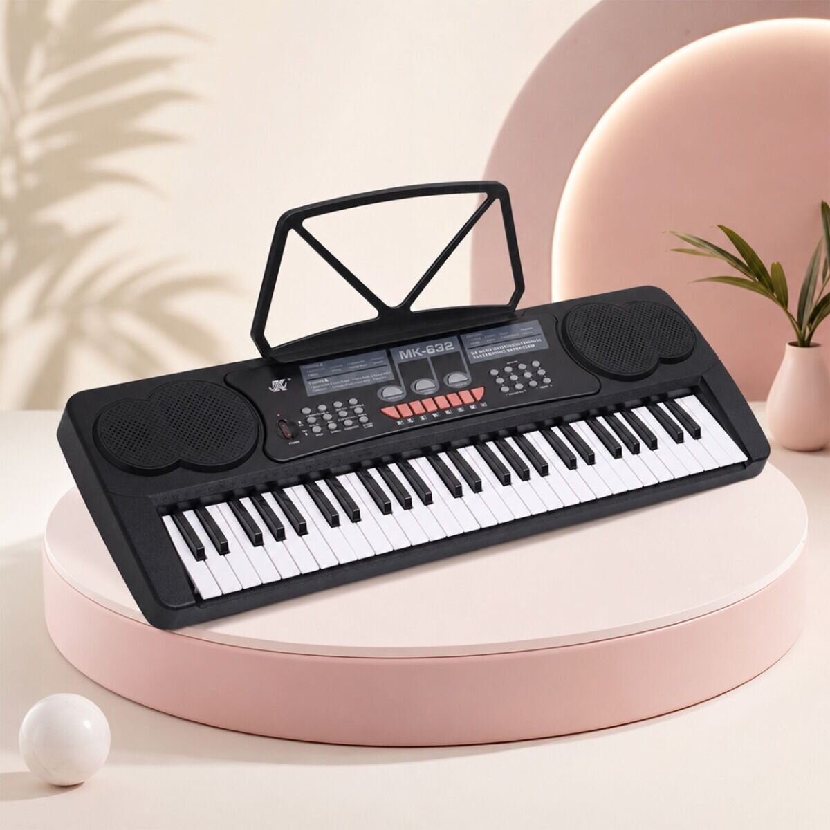 Czarny keyboard elektroniczny z 54 klawiszami, pulpitem do nut i mikrofonem, umieszczony na różowej, okrągłej podstawie. Na panelu widoczny jest napis \'MK-632\'.
