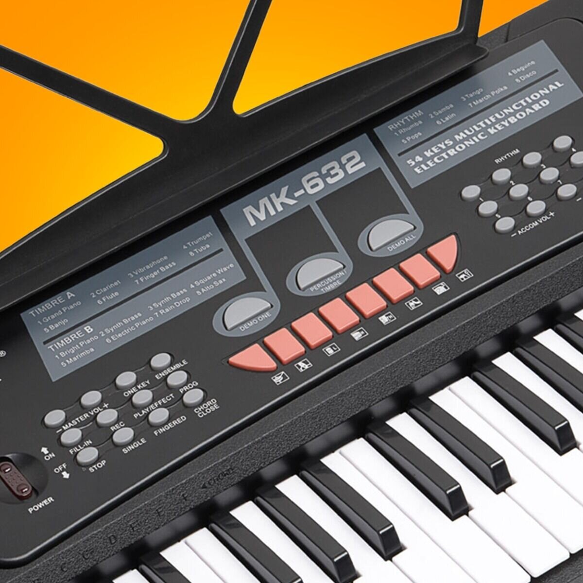 Na obrazie widoczny jest panel sterowania elektronicznego keyboardu z oznaczeniem \'MK-632\' oraz napisem \'54 KEYS MULTIFUNCTIONAL ELECTRONIC KEYBOARD\'. Panel zawiera różne przyciski i pokrętła do regulacji dźwięku i efektów.