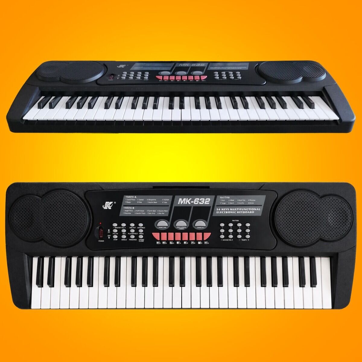 Na obrazie widoczny jest czarny keyboard elektroniczny z 54 klawiszami, dwoma głośnikami i panelem sterowania z przyciskami. Na panelu znajduje się napis \'MK-632\'.