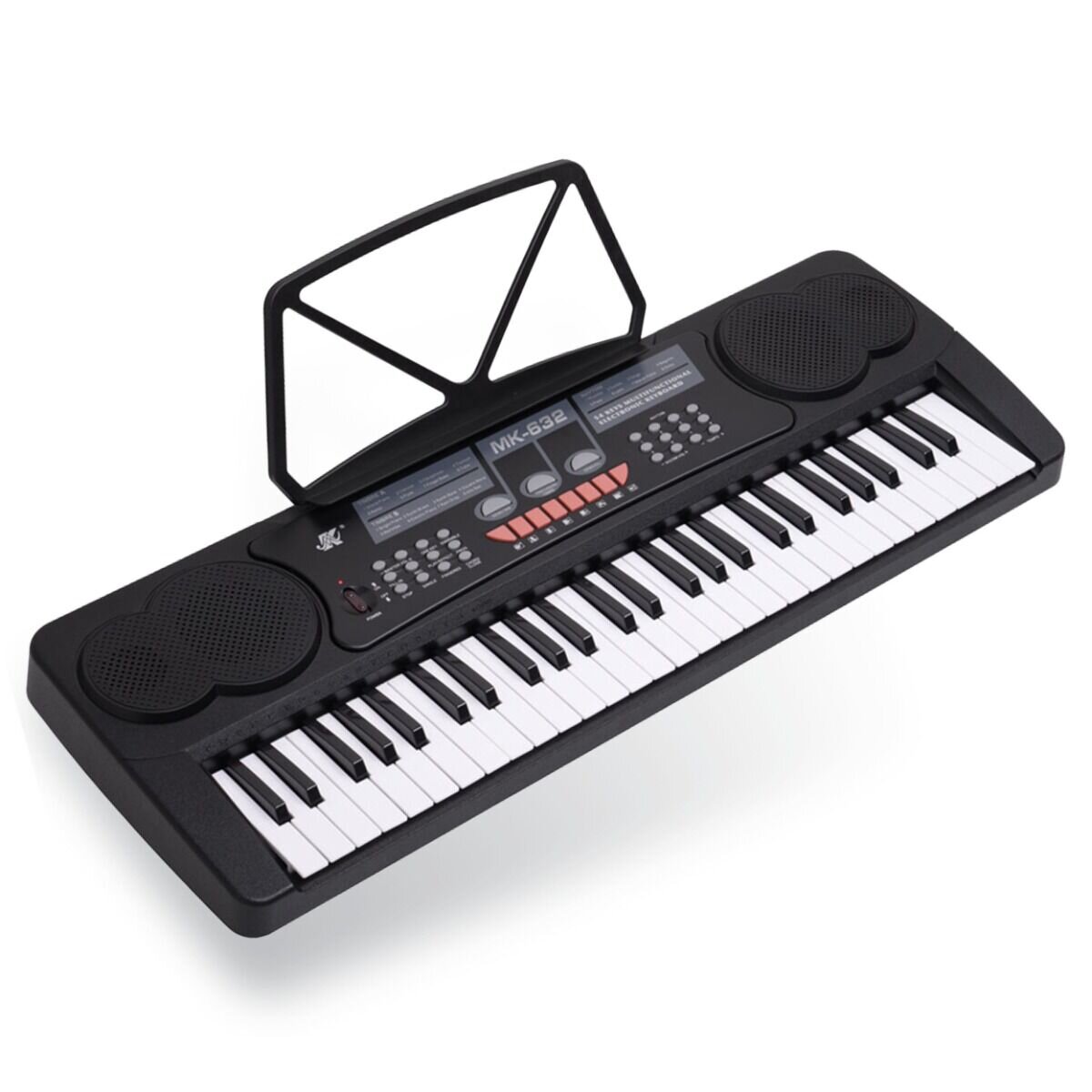 Czarny keyboard elektroniczny z 54 klawiszami, pulpitem do nut i wbudowanymi głośnikami. Na panelu widoczny jest napis \'MK-632\'.