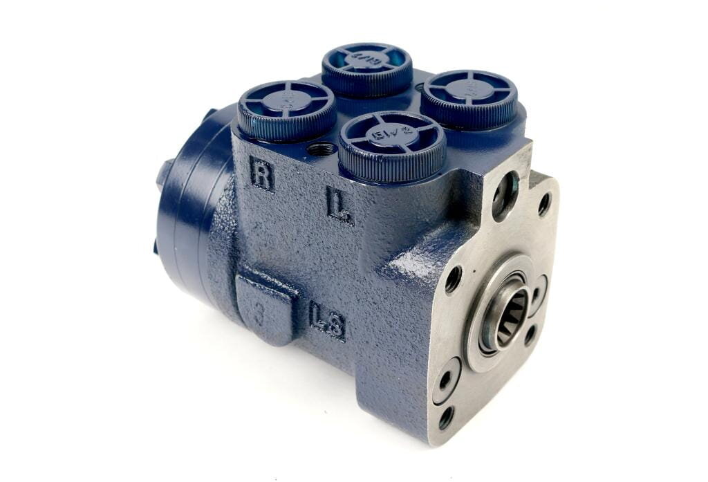 Na obrazie widoczny jest niebieski orbitrol hydrauliczny z metaliczną częścią z przodu. Na górze znajdują się cztery pokrętła z oznaczeniami, a na boku widoczne są litery \'R\', \'L\' i \'L8\'.