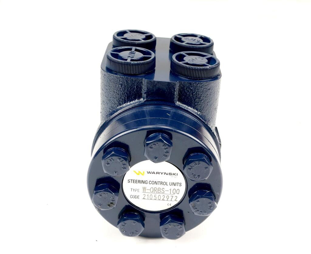 Na zdjęciu znajduje się ciemnoniebieski orbitrol hydrauliczny z widocznym logo \'WARYŃSKI\'. Na etykiecie widnieje tekst: \'STEERING CONTROL UNITS TYPE W-ORBS-100 CODE 210502972\'.