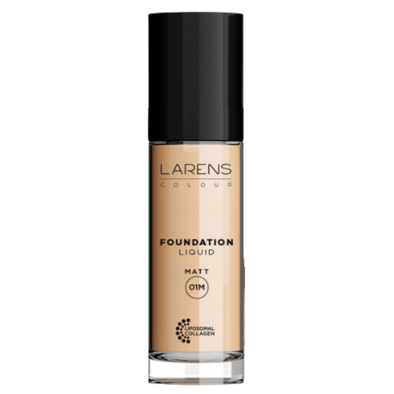 Butelka z podkładem do twarzy z napisem \'LARENS COLOUR FOUNDATION LIQUID MATT 01M LIPOSOMAL COLLAGEN\'.