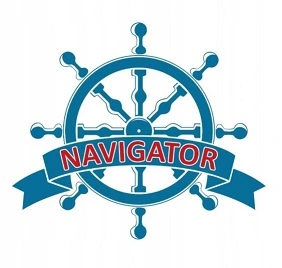 Logo przedstawia niebieskie koło sterowe z napisem \'NAVIGATOR\' na czerwonym tle.