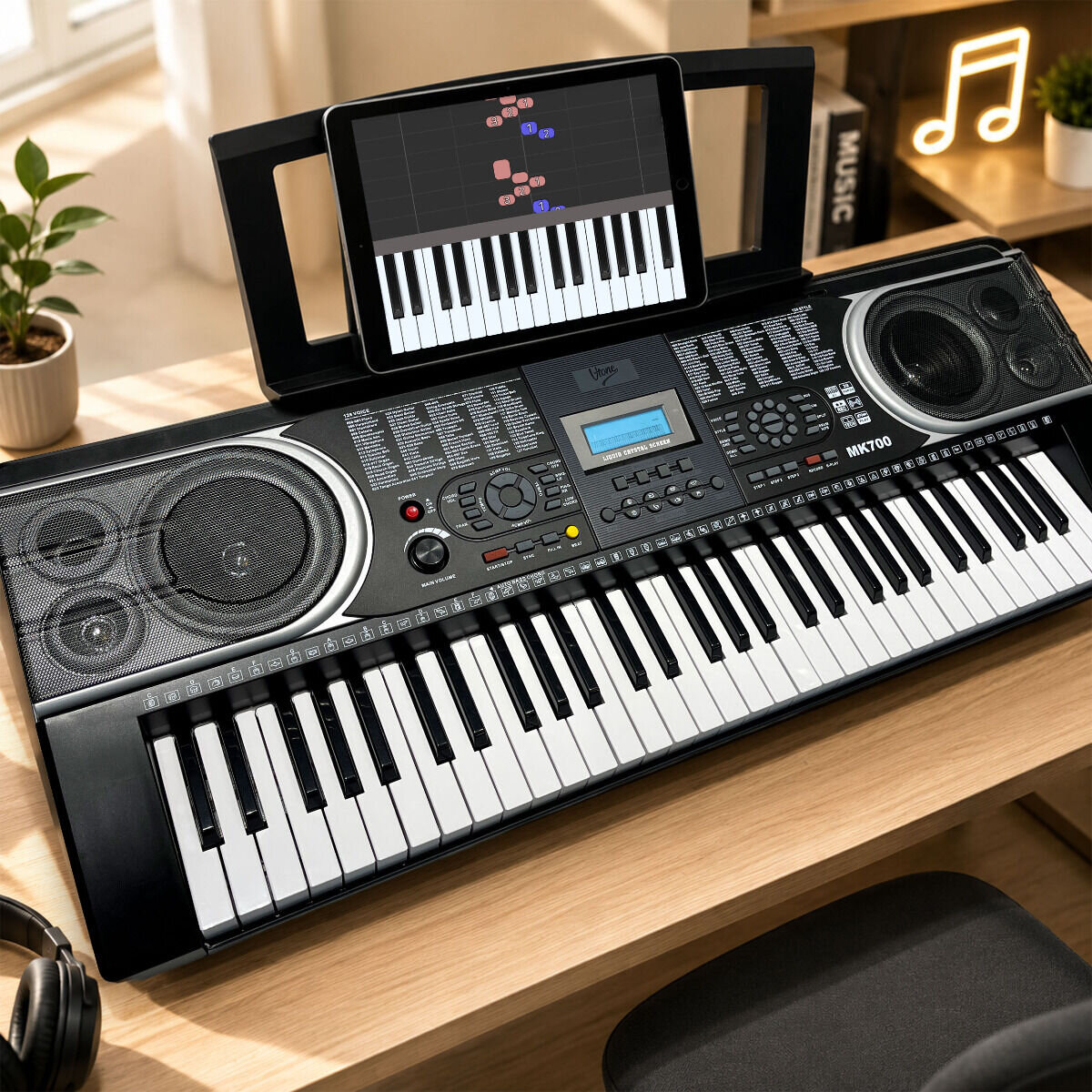 Keyboard z 61 klawiszami, wyświetlaczem LCD i głośnikami, na którym znajduje się tablet z aplikacją do nauki gry. W tle widać roślinę i półkę z dekoracją w kształcie nuty.