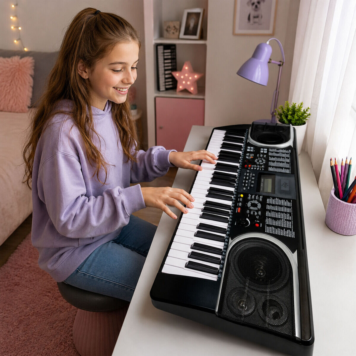 Osoba gra na keyboardzie z 61 klawiszami, który posiada pulpit do nut, odtwarzacz MP3, USB i głośniki. W tle widać lampkę, doniczkę z rośliną i przybory do pisania.