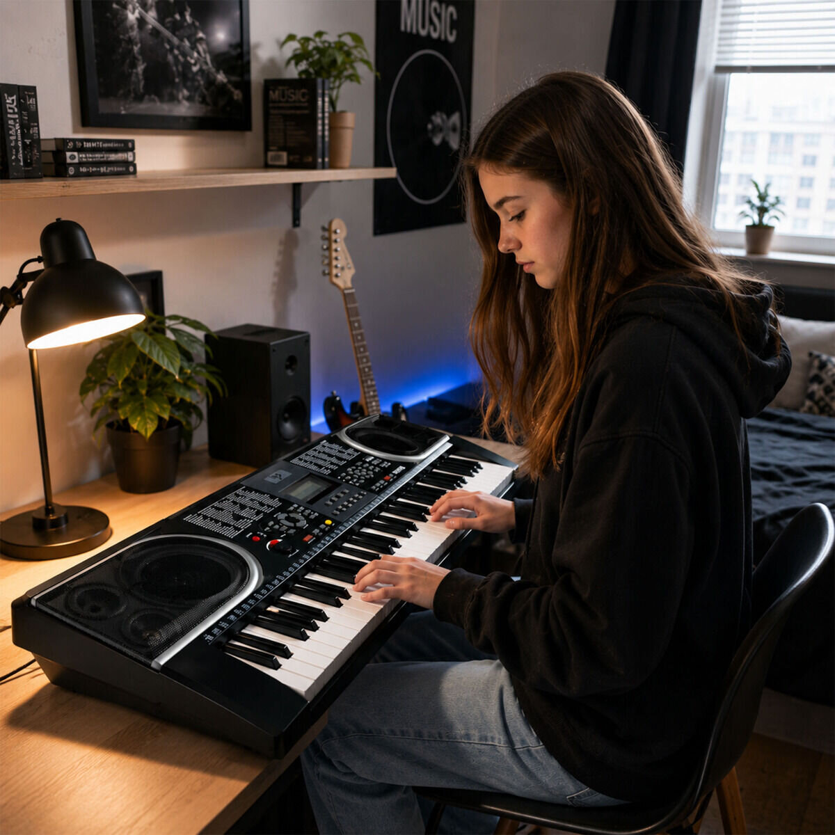 Osoba gra na keyboardzie z 61 klawiszami, który posiada pulpit do nut, odtwarzacz MP3 USB i głośniki. W tle widać lampkę, roślinę i gitarę opartą o ścianę.