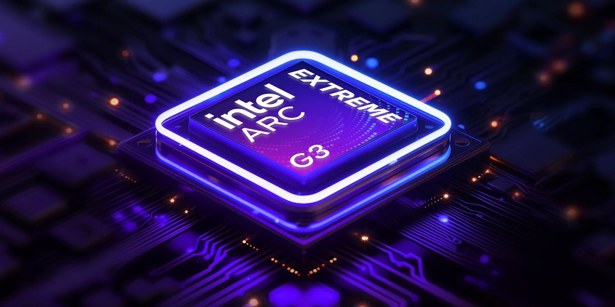 Obraz przedstawia podświetlony układ scalony z napisem \'intel ARC EXTREME G3\'.