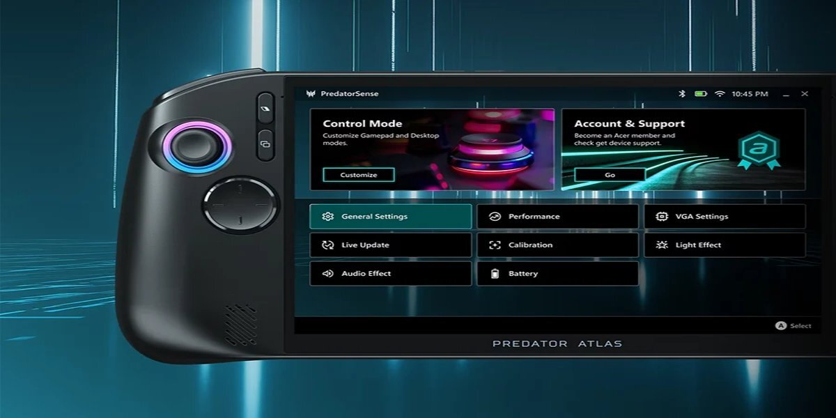 Na obrazie widoczna jest konsola z ekranem wyświetlającym interfejs o nazwie PredatorSense z opcjami takimi jak Control Mode, Account & Support, General Settings, Performance, VGA Settings, Live Update, Calibration, Light Effect, Audio Effect i Battery. Na obudowie konsoli znajduje się napis \'PREDATOR ATLAS\'.