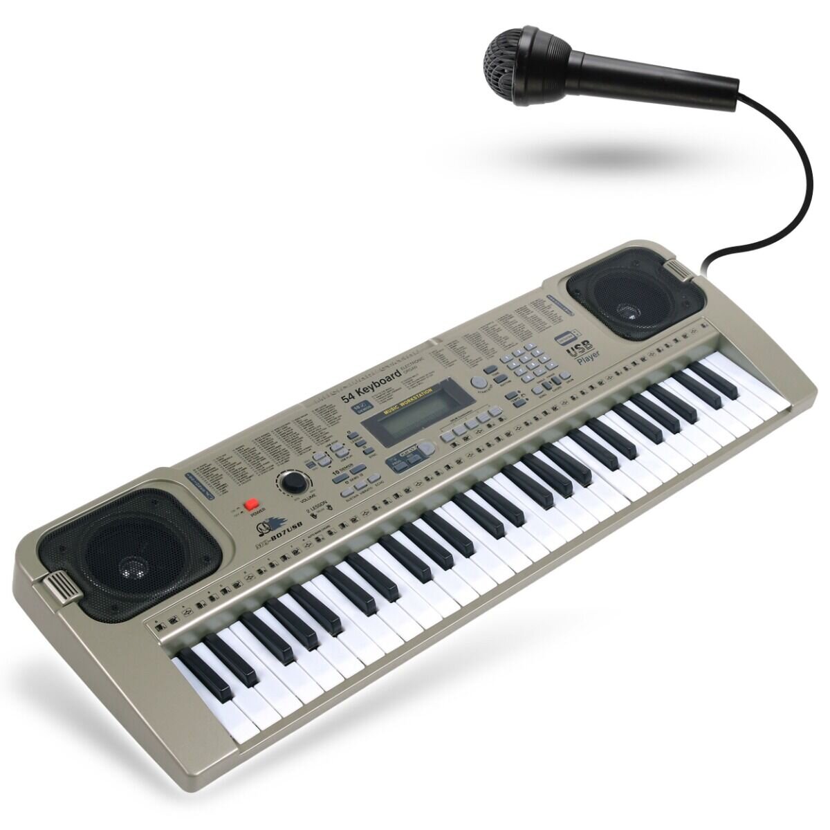 Na obrazie widoczny jest keyboard z 54 klawiszami oraz mikrofon. Na panelu keyboardu znajdują się różne przyciski i wyświetlacz, a także napis \'54 Keyboard\' i \'USB Power\'.