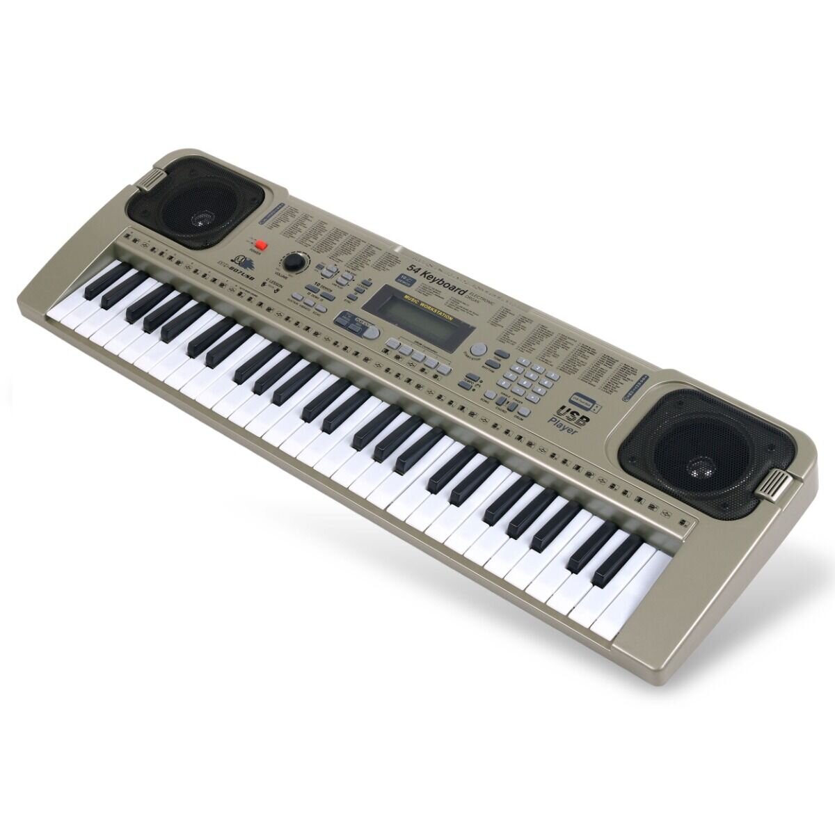 Keyboard z 54 klawiszami, posiada wbudowane głośniki i różne przyciski funkcyjne. Na obudowie widoczny jest napis \'USB Player\'.