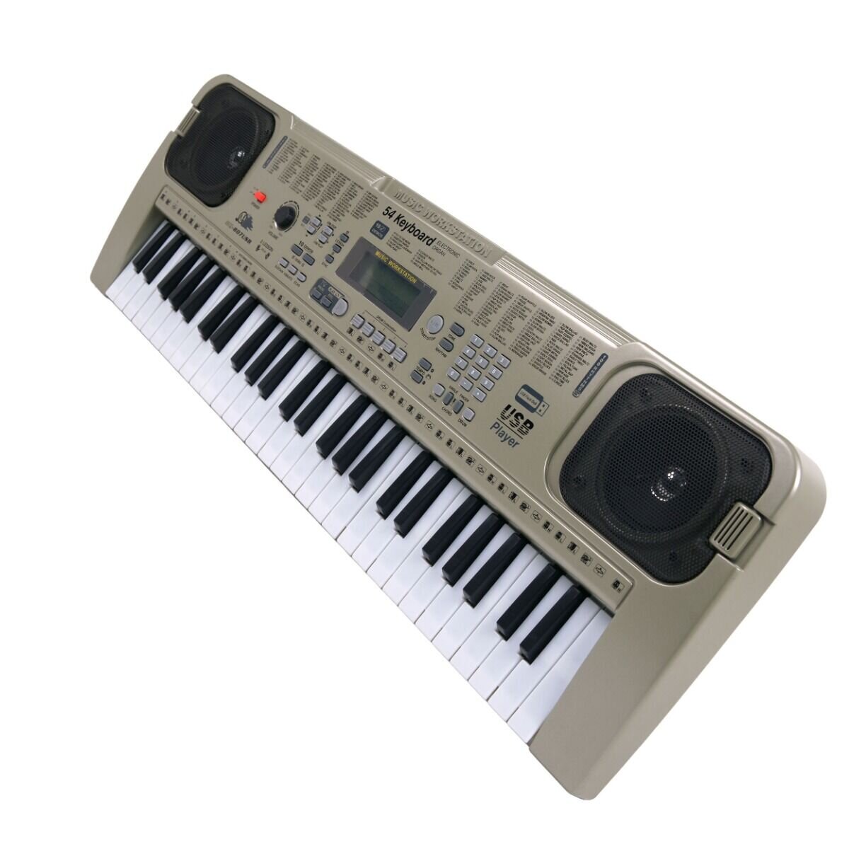 Edukacyjny keyboard z 54 klawiszami, wyposażony w głośniki, wyświetlacz oraz przyciski funkcyjne. Na obudowie widoczny jest napis \'USB player\'.