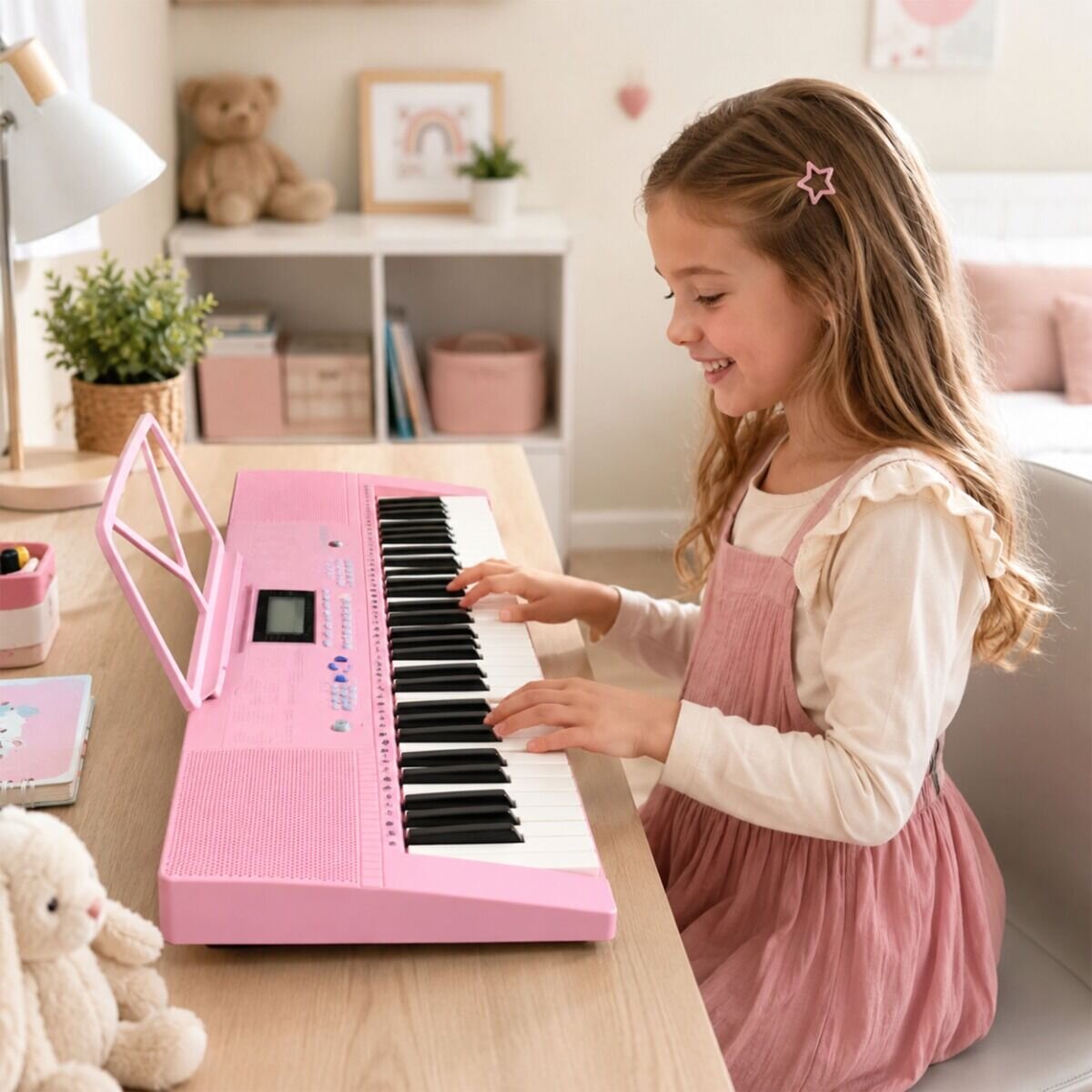 Dziewczynka siedzi przy biurku i gra na różowym elektronicznym keyboardzie. W tle widać półkę z książkami i pluszowego misia.